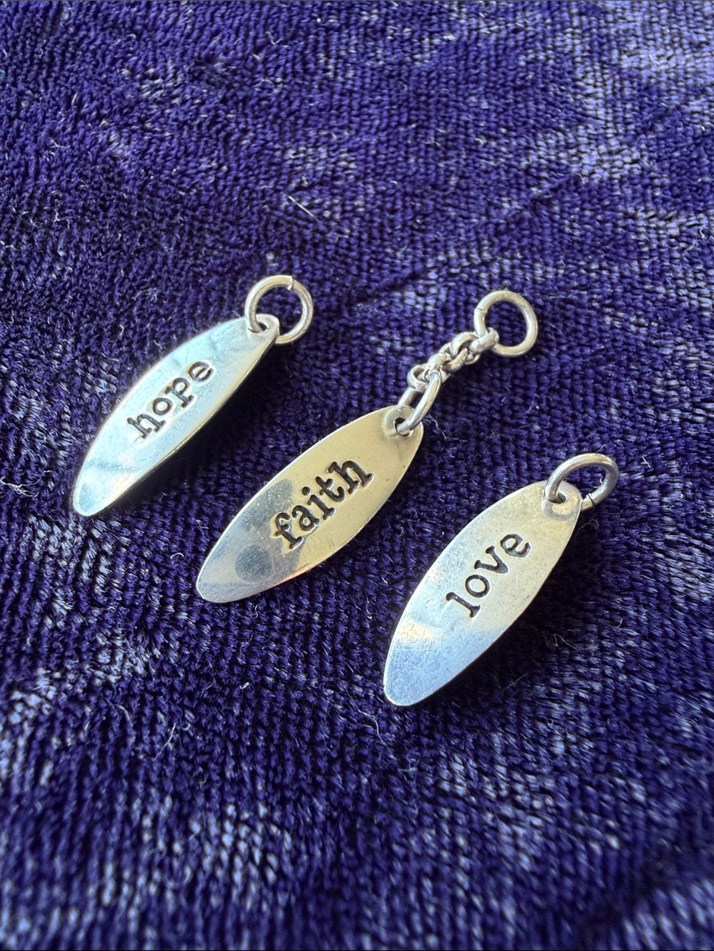 Three 925 sterling silver pendants charms Love Faith Hope, Vintage, minimalist